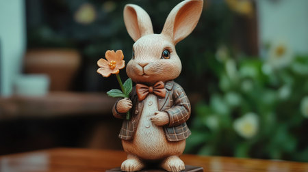 A delightful ceramic rabbit figurine with a flower, perfect for adding charm to spring decor. This whimsical piece is an ideal gift for nature enthusiasts and collectors.の素材