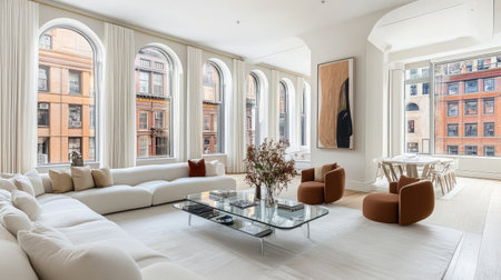 Spacious living room featuring modern decor with large windows and elegant furnishings, designed to create a bright and inviting atmosphere for relaxation.の素材