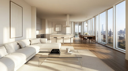 Spacious and bright living room featuring modern furniture and minimalistic design. Inviting atmosphere with large windows offering urban views and natural light.の素材