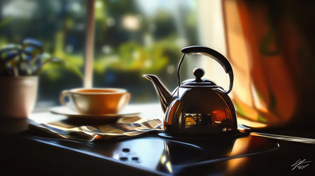 A serene kitchen scene featuring a polished teapot beside a steaming cup, illuminated by gentle morning light through a window. Perfect for cozy themes.の素材