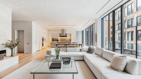 Spacious modern living room featuring large windows, stylish furniture, and a bright, airy atmosphere. Ideal for showcasing contemporary interior design trends.の素材