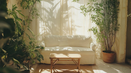 A bright and inviting living space featuring a cozy white sofa surrounded by lush greenery, exuding warmth and tranquility through natural light.の素材