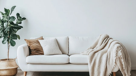 A cozy living room scene featuring a stylish sofa draped with a soft blanket and decorative pillows, complemented by a vibrant indoor plant, perfect for home decor inspiration.の素材