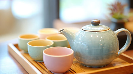 A beautiful decorative teapot accompanied by colorful cups, elegantly displayed on a wooden tray. Perfect for tea lovers and serene moments.の素材