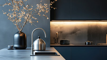 This modern kitchen features stylish decor with a beautiful vase of flowers, sleek appliances, and ambient lighting, creating an elegant and minimalist atmosphere.の素材