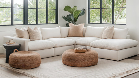 This cozy modern living room features a neutral sectional sofa, plush cushions, and a warm atmosphere, creating a stylish and inviting space to relax.の素材