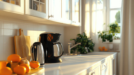 A bright and cozy kitchen scene featuring a coffee maker, fresh oranges, and lush plants, illuminated by warm sunlight, creating an inviting atmosphere.の素材