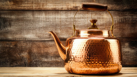 A rustic vintage copper kettle sits elegantly on a wooden tabletop, showcasing its hammered texture and warm tones, perfect for home dの素材