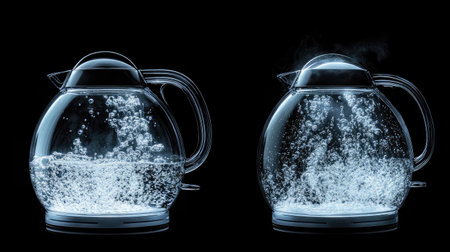 A stunning close-up of a glass kettle filled with water, showcasing bubbles and steam, perfect for illustrating modern kitchen appliances and boiling processes.の素材