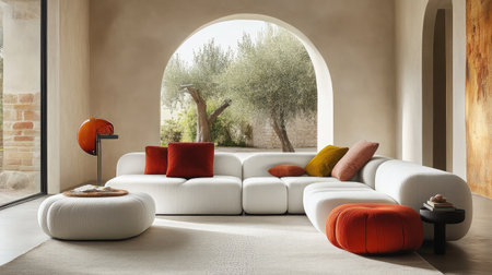A modern living room featuring a stylish sectional sofa, vibrant cushions, and a large window providing natural light and views of an olive tree.の素材