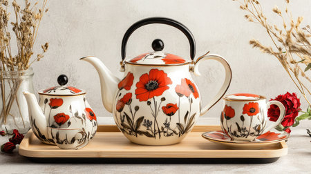 This elegant tea set features a charming poppy design. The ceramic pieces, including a teapot and cup, are beautifully arranged on a wooden tray, perfect for a cozy tea time.の素材