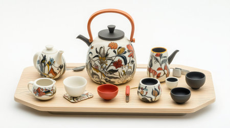 A beautifully arranged tea set on a wooden tray, featuring a floral-designed kettle, cups, and various utensils, perfect for gatherings and relaxation.の素材