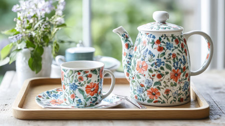 A charming still life featuring a floral teapot and cup on a wooden tray, complemented by fresh flowers, perfect for cozy tea moments.の素材