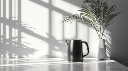 A sleek black kettle sits elegantly beside a green plant in a modern kitchen. Soft shadows and light create a calm and inviting atmosphere. Perfect for kitchen decor.の素材