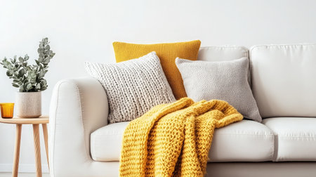 A cozy living room featuring a stylish couch adorned with colorful pillows and a warm blanket, complemented by indoor greenery for an inviting atmosphere.の素材