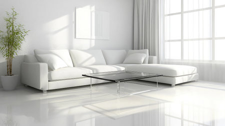 Bright and modern living room featuring a white sofa and a glass coffee table, designed for comfort and elegance, showcasing minimalist decor and ambient light.の素材