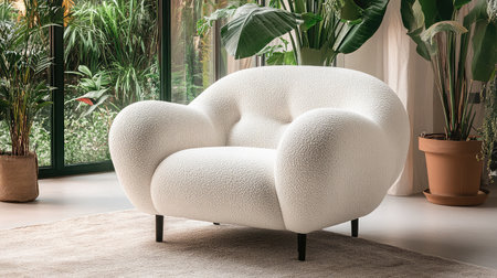 A stylish white sofa nestled in a lush green setting brings modern elegance to any living space, offering comfort and aesthetic charm for relaxation.の素材
