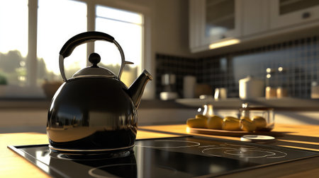 A sleek black kettle rests on a modern kitchen countertop, bathed in warm sunlight. This image captures an inviting atmosphere ideal for morning routines.の素材