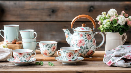 A charming floral tea set with a teapot and cups displayed on a rustic wooden table. Perfect for afternoon gatherings, this cozy setup invites relaxation and enjoyment.の素材