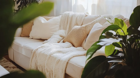A cozy living room scene featuring a soft couch draped with a textured blanket and decorative pillows, surrounded by vibrant green plants, creating a warm and inviting ambiance.の素材
