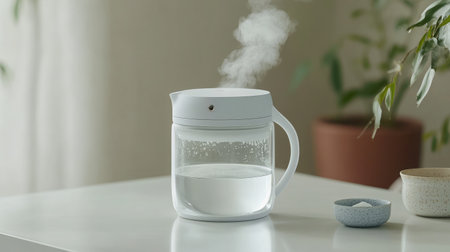 A modern teapot releasing steam, set against a calming background. Ideal for showcasing home kitchen aesthetics and the art of brewing.の素材