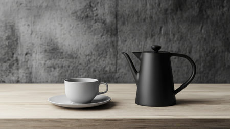 A stylish black teapot and white cup sit gracefully on a wooden table, creating a modern and minimalist aesthetic. Perfect for kitchen decor or beverage photography.の素材