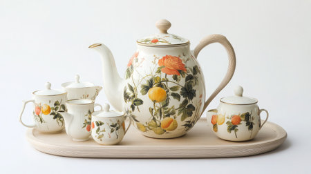 A beautifully arranged floral teapot and matching cups set on a wooden tray. This elegant design enhances any tea setting, perfect for gatherings.の素材