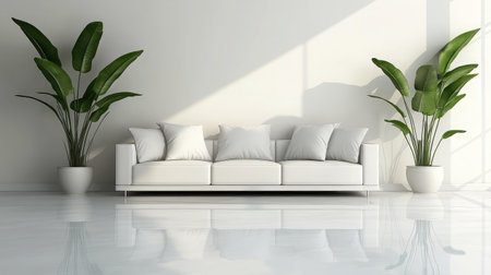 Bright and airy living space featuring a modern white sofa paired with lush green plants, creating a tranquil and minimalist atmosphere ideal for relaxation.の素材