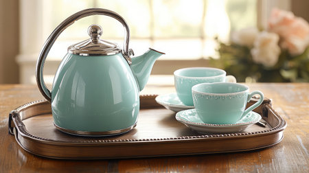 A stylish mint green teapot with matching cups on a wooden tray, perfect for a cozy afternoon tea. Ideal for home decor and hospitality settings.の素材