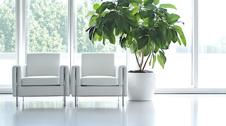 Bright and airy interior featuring modern white chairs and a lush potted plant, perfect for creating a tranquil and stylish living space.の素材