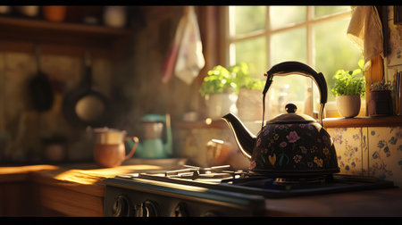 A cozy kitchen scene featuring a decorative teapot on the stove, basking in natural sunlight. Herbs and plants add freshness, creating an inviting atmosphere.の素材