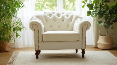 A beautiful white armchair featuring tufted upholstery in a bright living room setting with natural light and indoor plants, perfect for stylish comfort.の素材