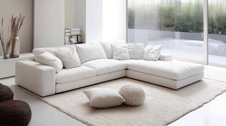 A serene modern living room featuring a spacious white sofa adorned with plush cushions, complemented by a soft rug and abundant natural light.の素材