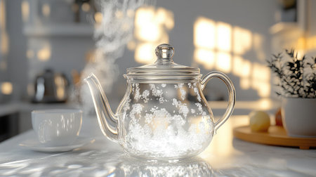 A beautiful glass teapot releases steam in a bright kitchen, creating a cozy atmosphere. Perfect for showcasing morning beverages and elegant home dの素材