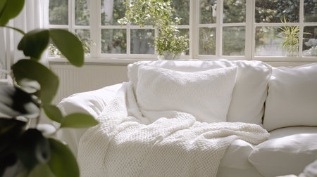 A cozy living room scene featuring a plush white sofa adorned with a soft blanket, bathed in warm sunlight through large windows, showcasing a serene and inviting atmosphere.の素材