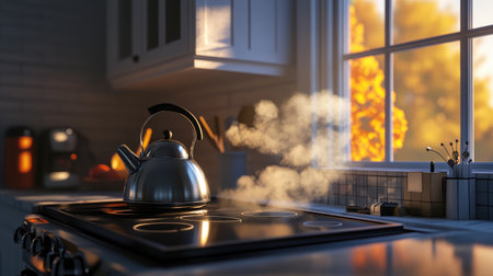 A cozy kitchen scene featuring a steaming kettle on the stove, surrounded by soft morning light streaming through a window. An inviting atmosphere for cooking and relaxation.の素材