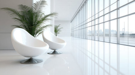 A sleek and modern lounge area featuring elegant chairs and lush plants. The bright, spacious interior highlights clean lines and minimalist design.の素材