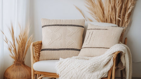 A serene living space featuring cozy textured pillows and elegant dried plants, creating a warm and inviting atmosphere perfect for home decor styling.の素材