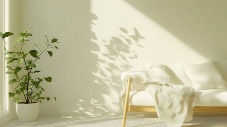A serene interior scene showcasing a cozy sofa with a soft blanket and a lush green plant, illuminated by gentle sunlight, creating a peaceful atmosphere.の素材