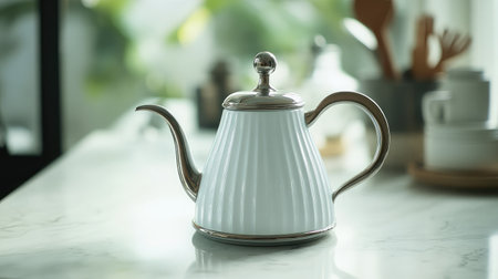 An elegant white teapot rests on a marble countertop, perfect for a cozy morning tea. Its sleek design enhances any kitchen decor, adding sophistication.の素材