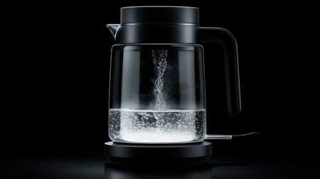 A modern glass kettle showcasing boiling water, featuring sleek design and transparency. Perfect for contemporary kitchens and beverage preparation.の素材