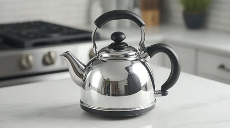 A stunning stainless steel kettle placed on a sleek kitchen counter, showcasing modern design elements and functionality perfect for boiling water for various drinks.の素材