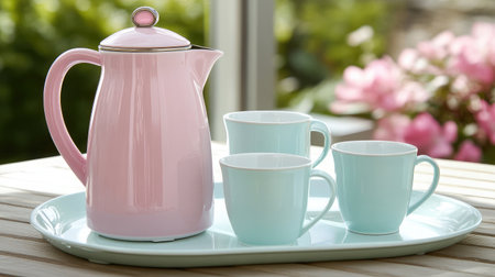 A charming pastel-colored teapot accompanied by matching cups sits elegantly on a tray, perfect for a refreshing outdoor tea service.の素材