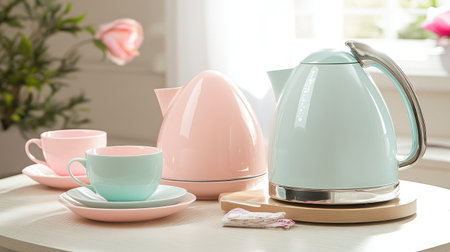 A charming pastel tea set featuring a kettle, teapot, and cups arranged on a wooden table, perfect for a cozy tea time in a stylish kitchen setting.の素材