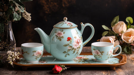 A beautiful floral porcelain tea set elegantly arranged on a wooden tray. Perfect for afternoon tea or as a decorative centerpiece in any home.の素材