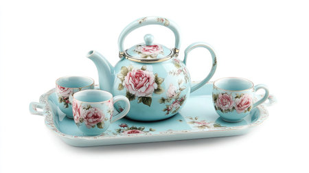 A charming vintage teapot and cup set featuring a beautiful floral design. Perfect for afternoon tea or as an elegant dining centerpiece.の素材