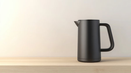 This image features a sleek black kettle positioned on a wooden shelf, set against a minimalistic background, perfect for modern kitchen concepts and decor.の素材