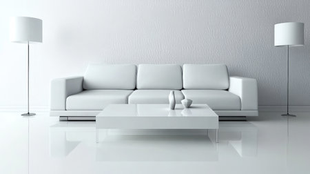 A sleek, modern white living room featuring a comfortable sofa, stylish lamps, and a minimalist coffee table, perfect for contemporary home decor.の素材