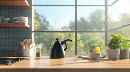 A cozy kitchen scene featuring a black kettle on a wooden countertop, surrounded by fresh herbs and plants. Natural light streams in, creating a bright and inviting atmosphere.の素材
