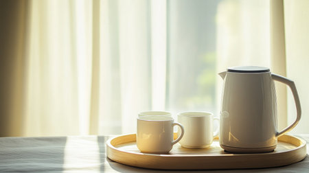 A tranquil scene featuring a white kettle and two cups on a wooden tray, illuminated by soft morning light. Perfect for conveying comfort and simplicity.の素材